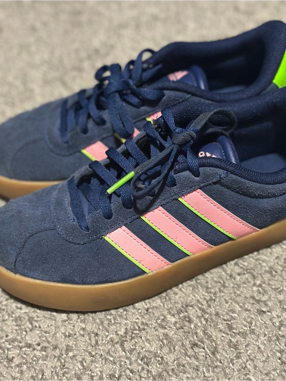 adidas Kids Navy Suede Sneakers with Pink Stripes and Neon Green Accents